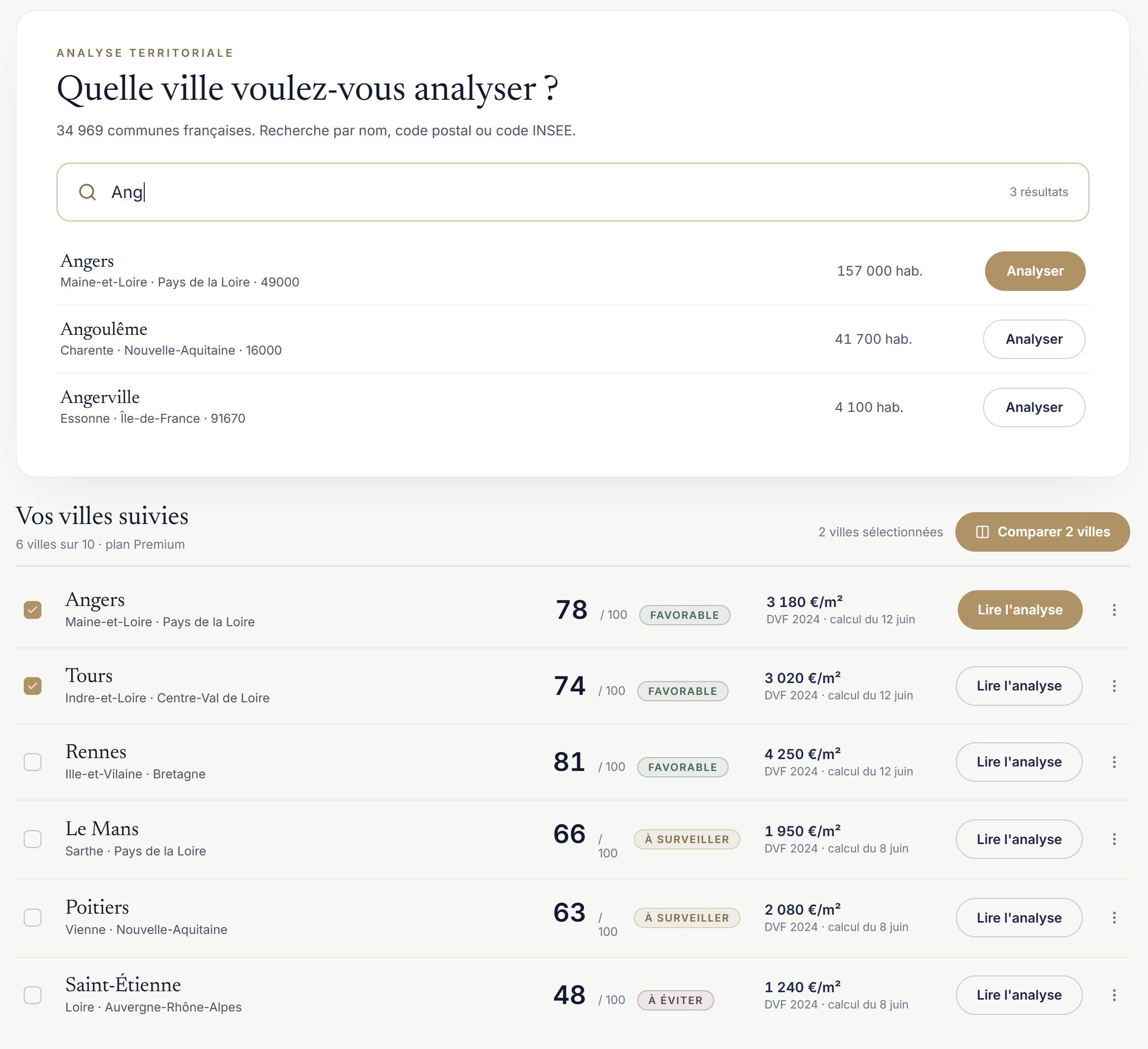 Aperçu du City Scorer : sélection de communes et comparaison des territoires dans l’interface validée. Données de démonstration.